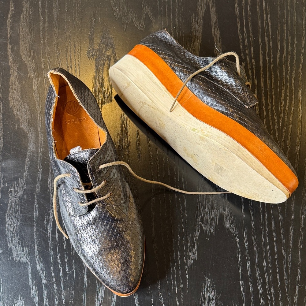 COCLICO Black Snake-Embossed Leather Platform Sneaker with Orange Stripe - Picture 2 of 7